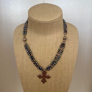 Fresh Water Double Strand Pearl Necklace With Cross Pendant